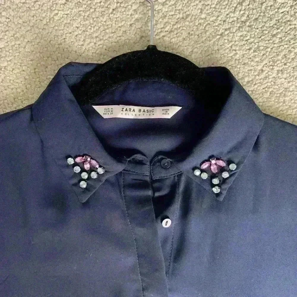 Zara Navy Long sleeve Shirt with rhinestones on collar and cuffs - Picture 2 of 5